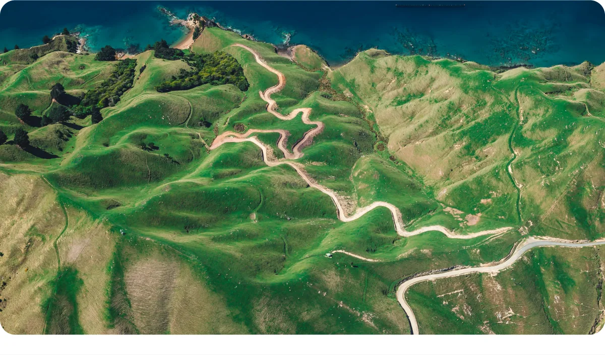 Aerial view of green valley trails